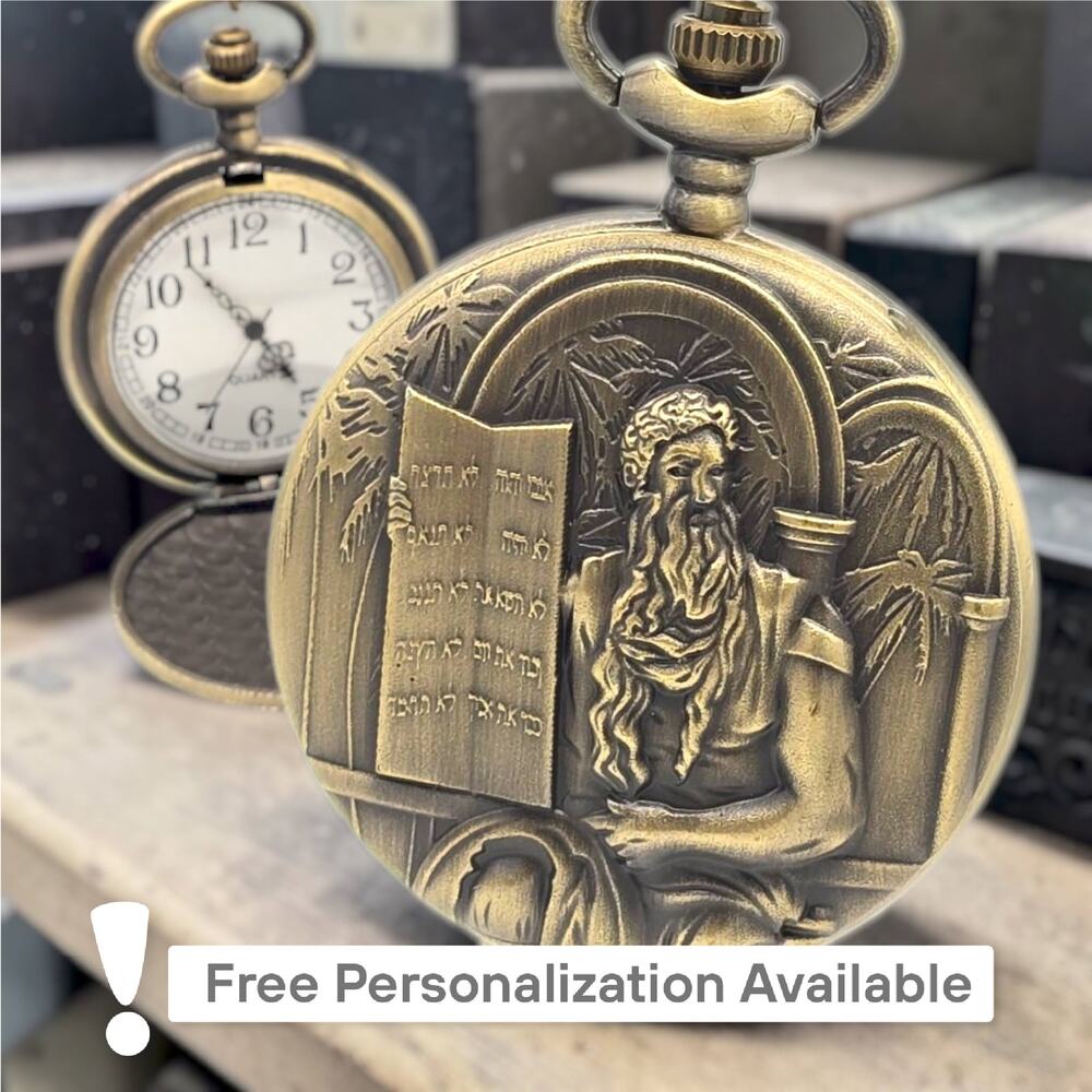 Moses & Ten Commandments Pocket Watch – Personalized Christian Bronze Gift